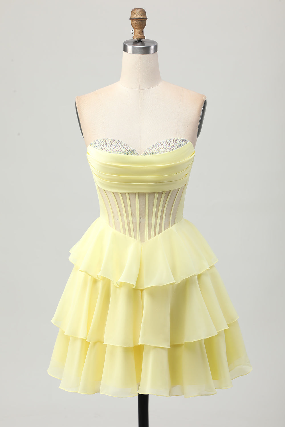 Yellow Strapless Tiered Corset A-Line Homecoming Dress with Beading