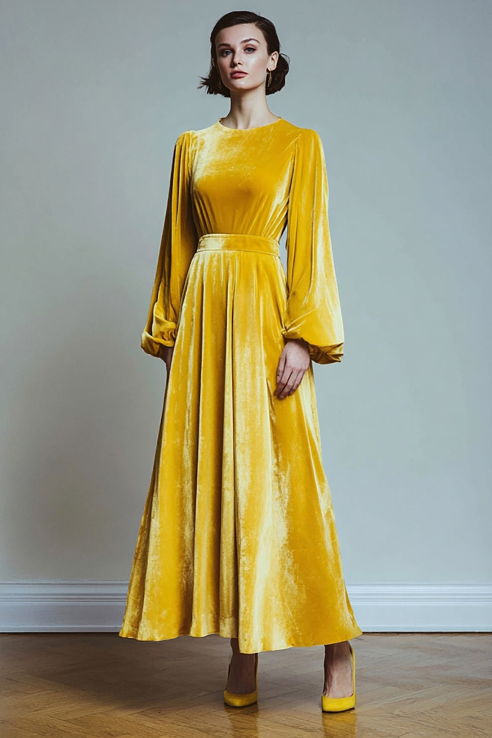 Yellow Velvet A-Line Holiday Dress with Long Sleeves